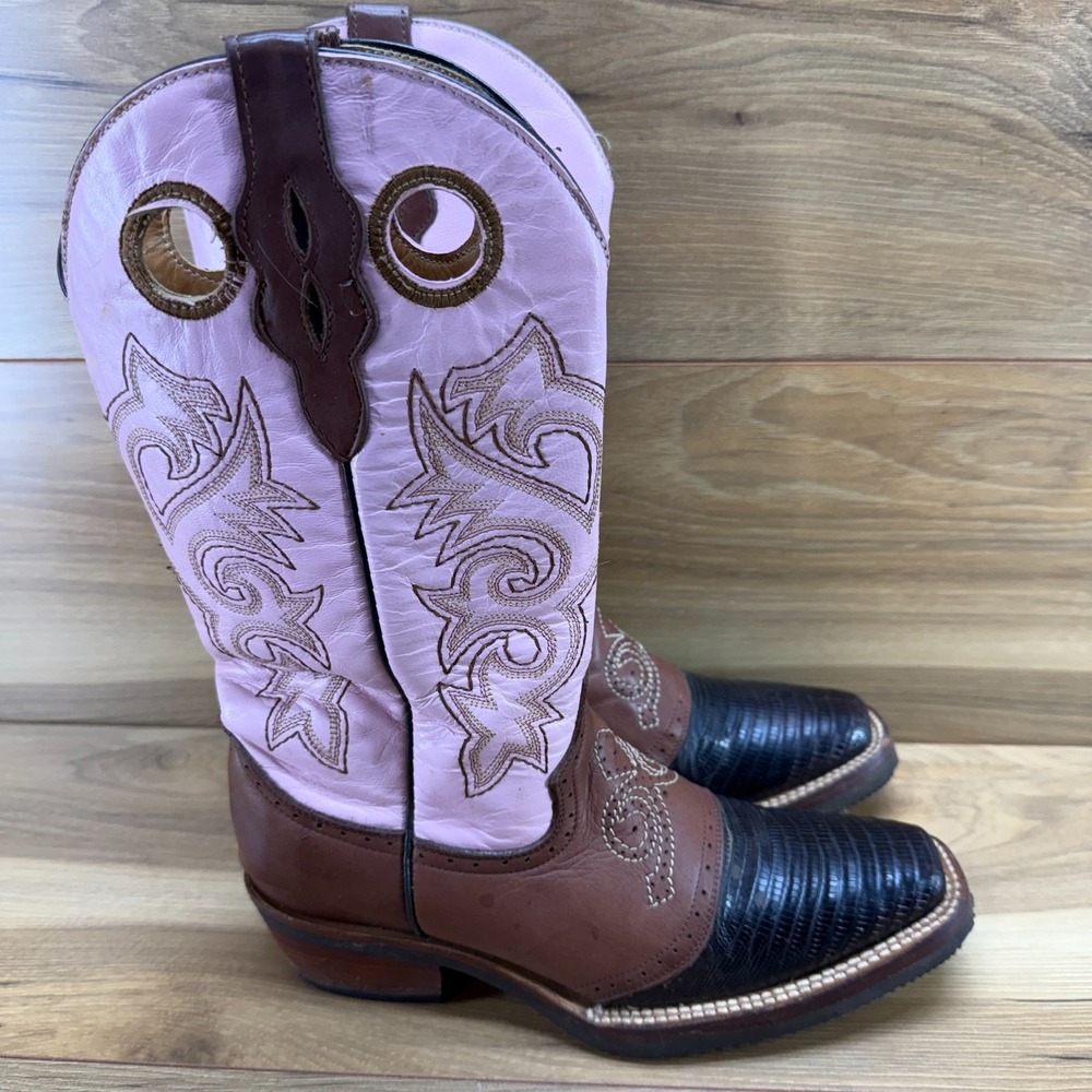 Ferrini Western Boots Womens 7.5 Pink Brown Lizard Square Toe Coastal Cowgirl